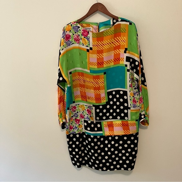 VTG Women’s Carol Mignon Silk Dress Sz.16 8Os Patchwork Floral Dots Knee Length - Picture 1 of 11